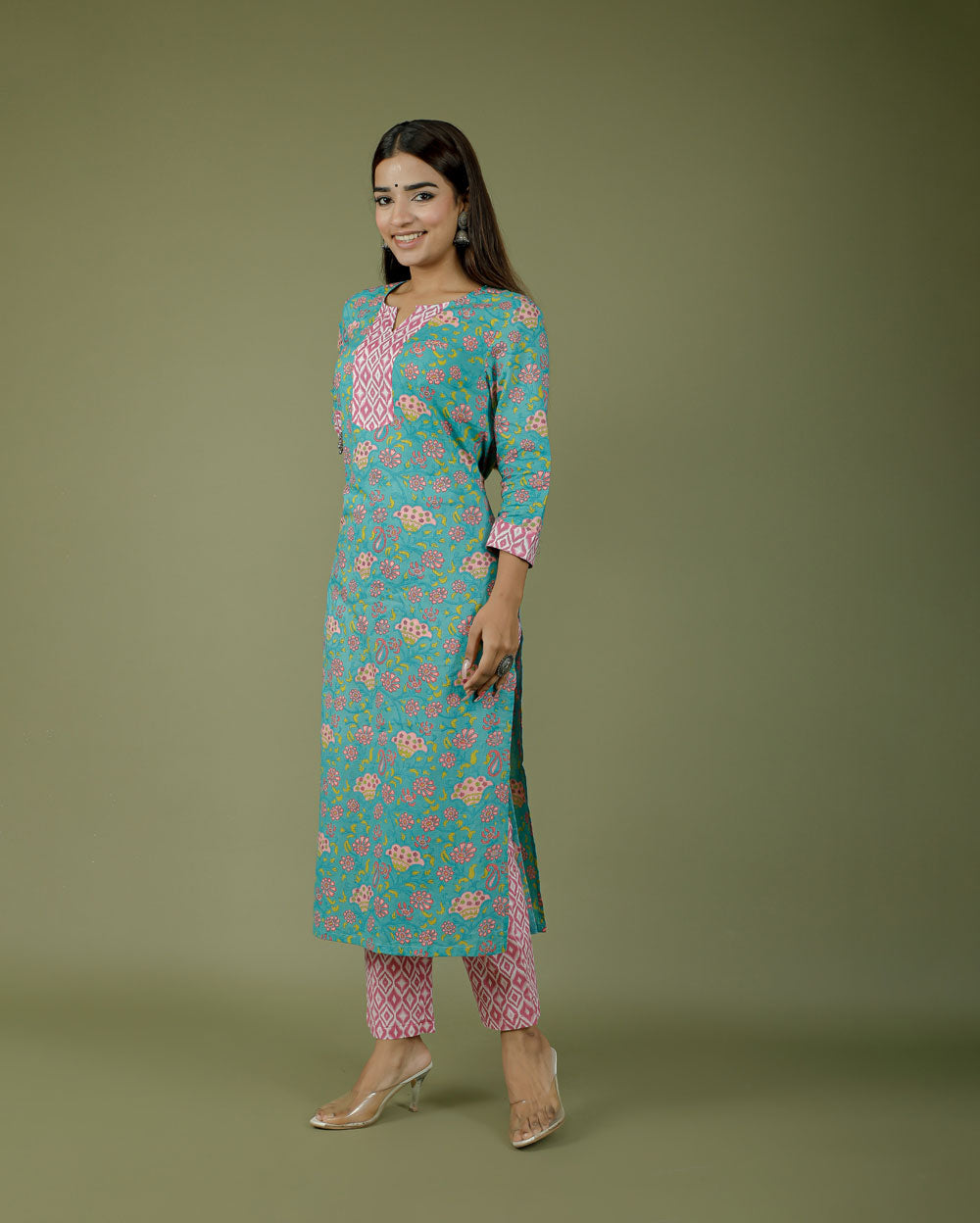 Turquoise With Pink Floral Hand block Printed Cotton Kurti Pant Set