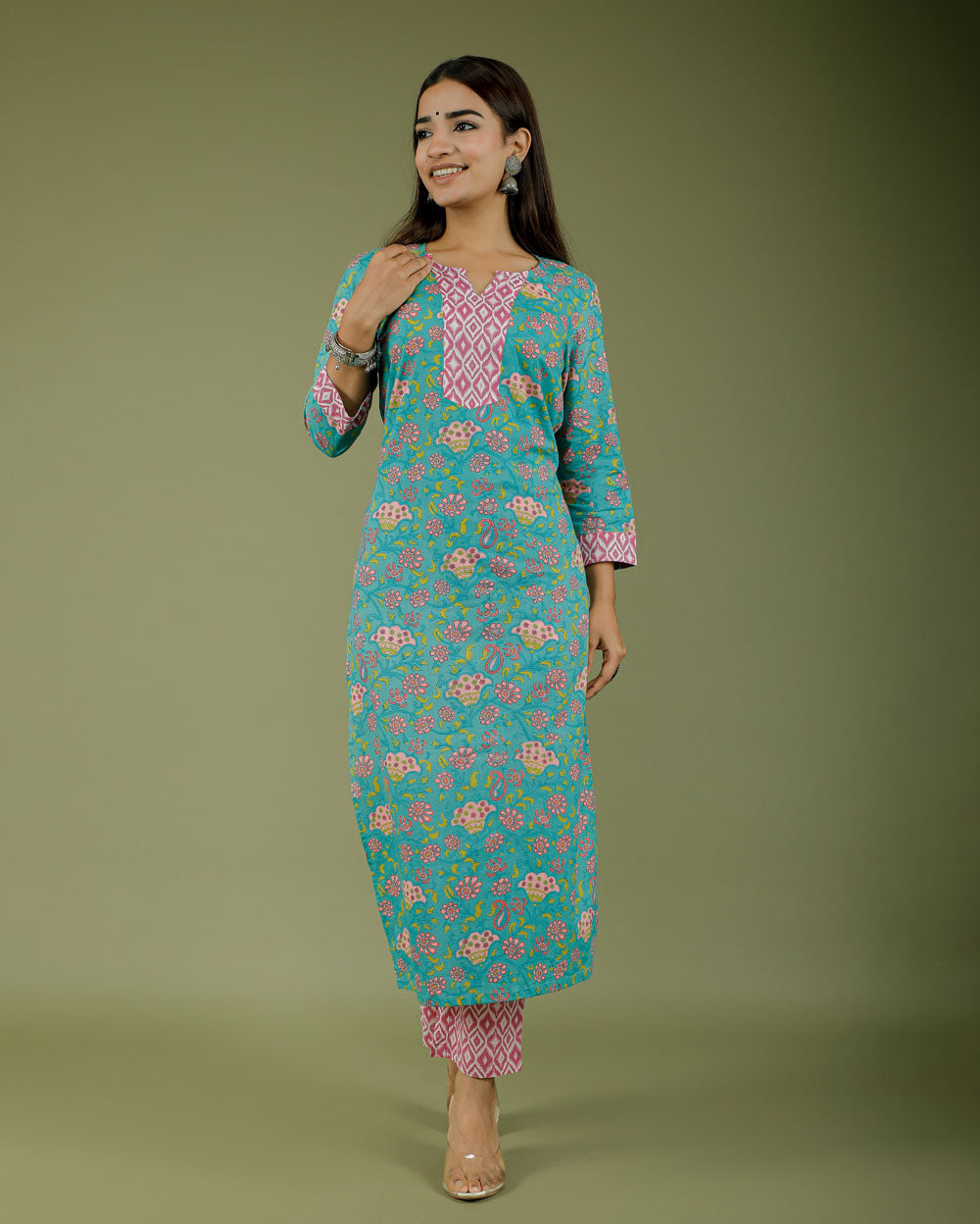 Turquoise With Pink Floral Hand block Printed Cotton Kurti Pant Set