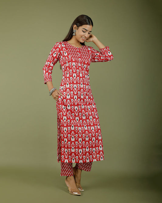 Copy of Apple Red Abstract Hand block Printed Cotton Kurti Pant Set