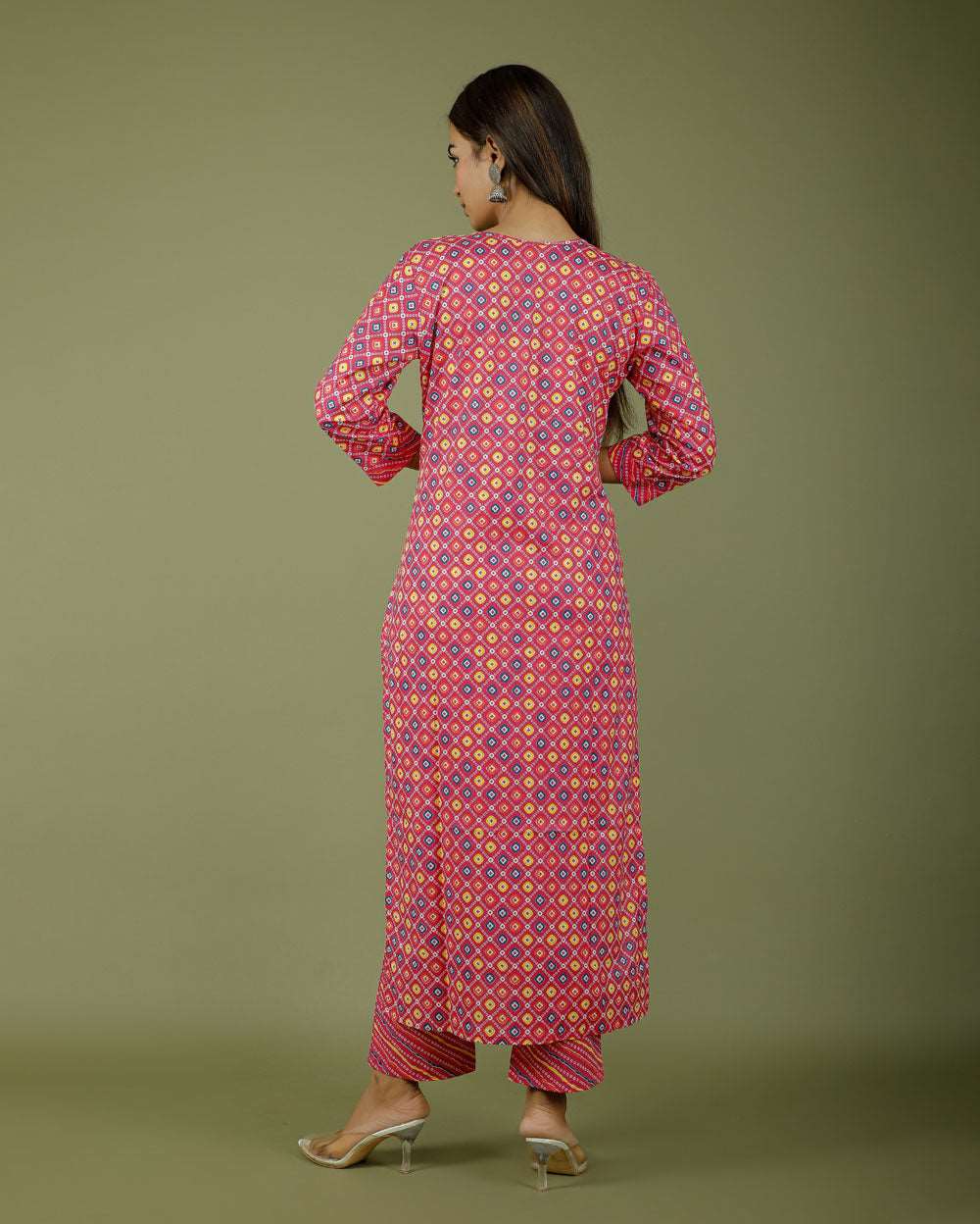 Pink Bhandej Hand block Printed Cotton Kurti Pant Set