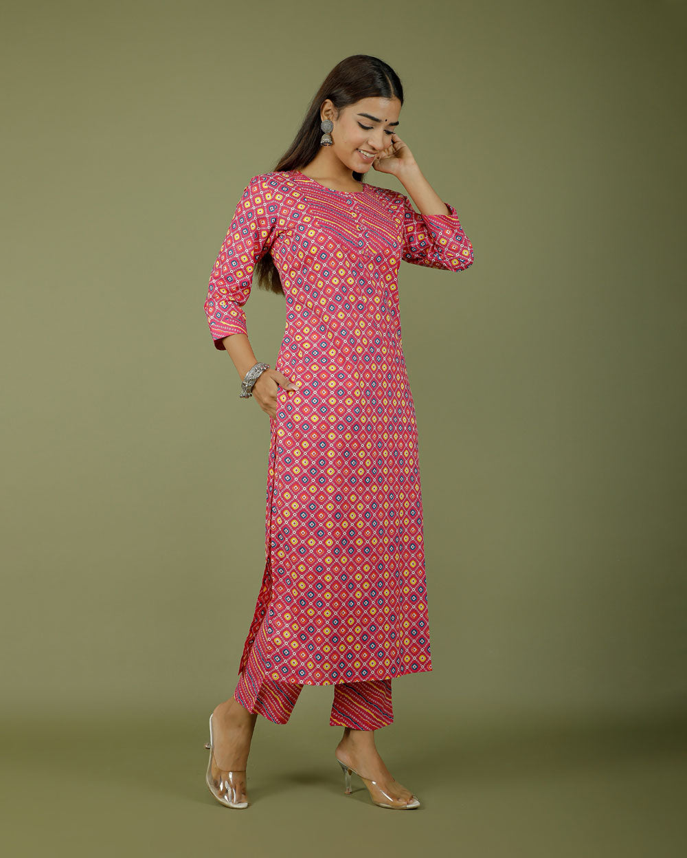 Rani Pink Floral Hand block Printed Cotton Kurti Pant Set – Fabru