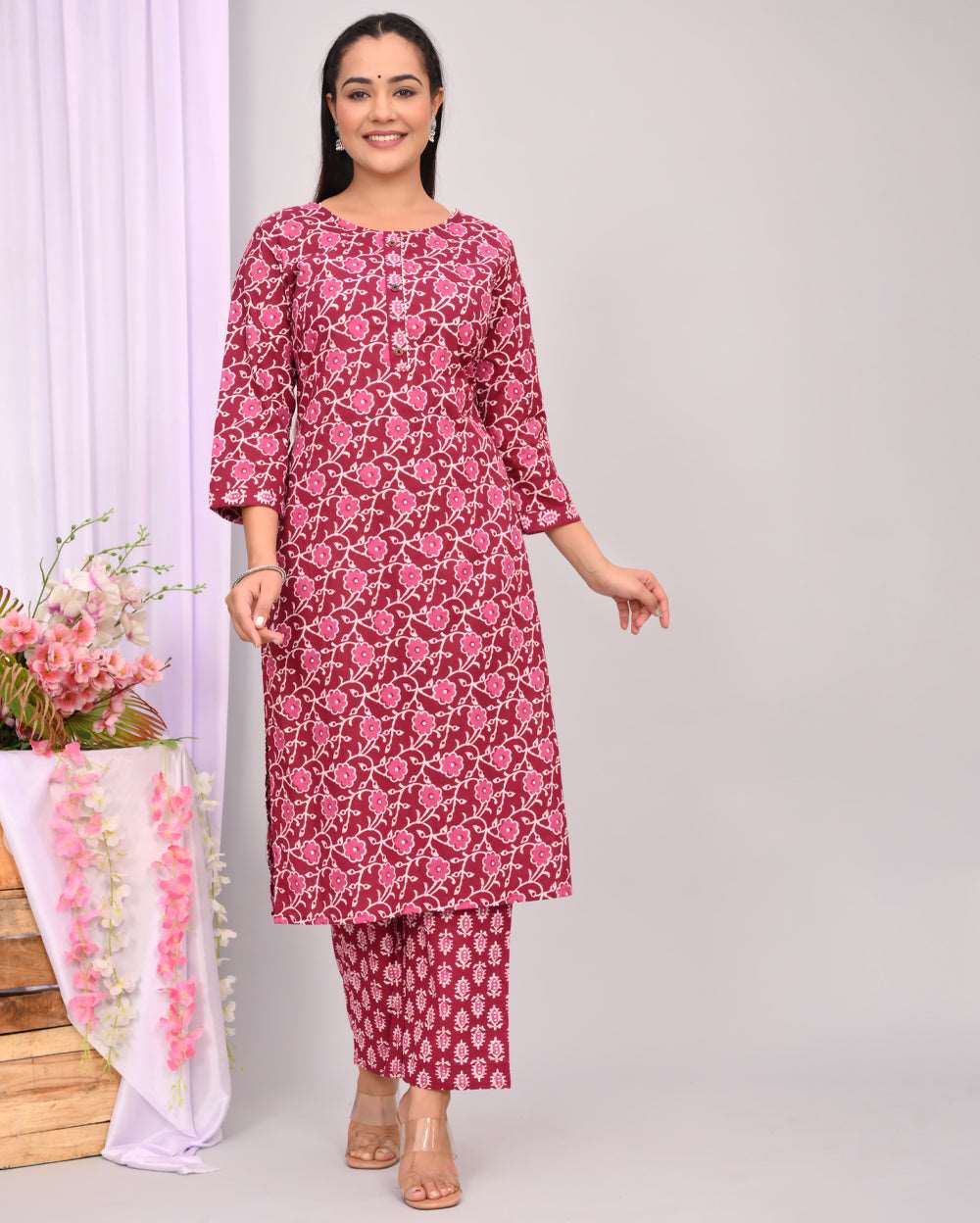 Rani Pink Floral Hand block Printed Cotton Kurti Pant Set