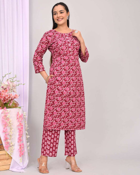 Rani Pink Floral Hand block Printed Cotton Kurti Pant Set