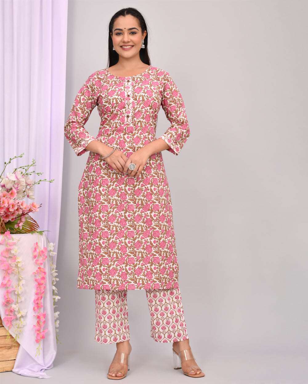 Rose Pink Floral Hand block Printed Cotton Kurti Pant Set