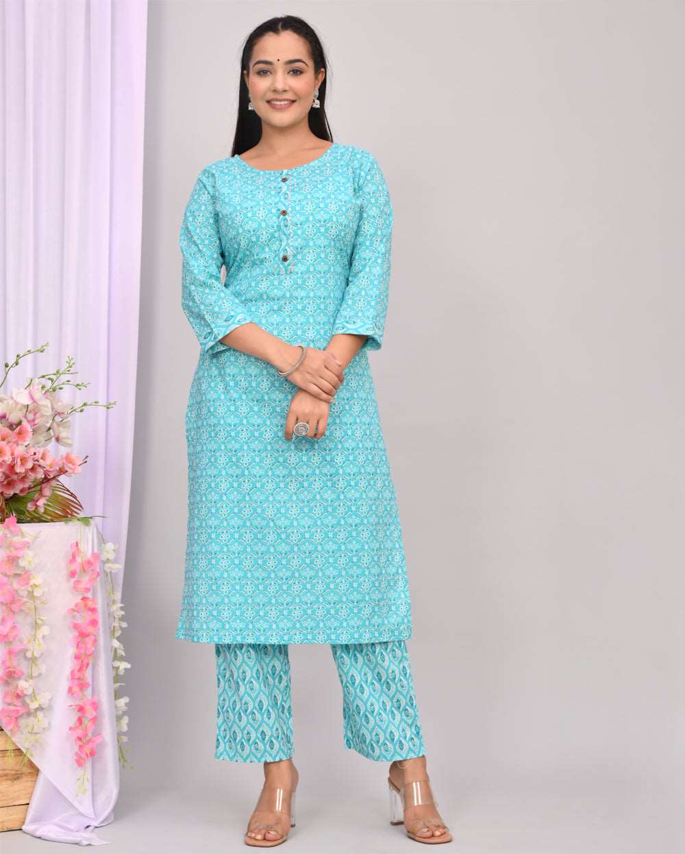 Sky Blue Zaal Hand block Printed Cotton Kurti Pant Set