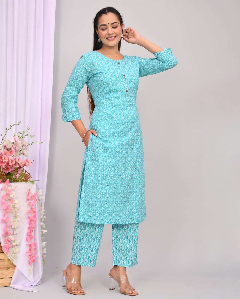 Sky Blue Zaal Hand block Printed Cotton Kurti Pant Set