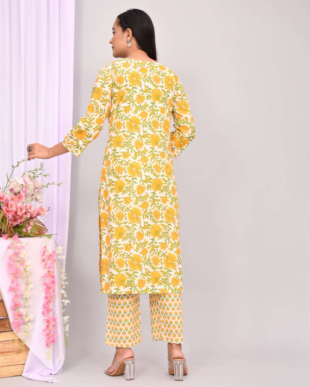 Olive Green Floral Hand block Printed Cotton Kurti Pant Set