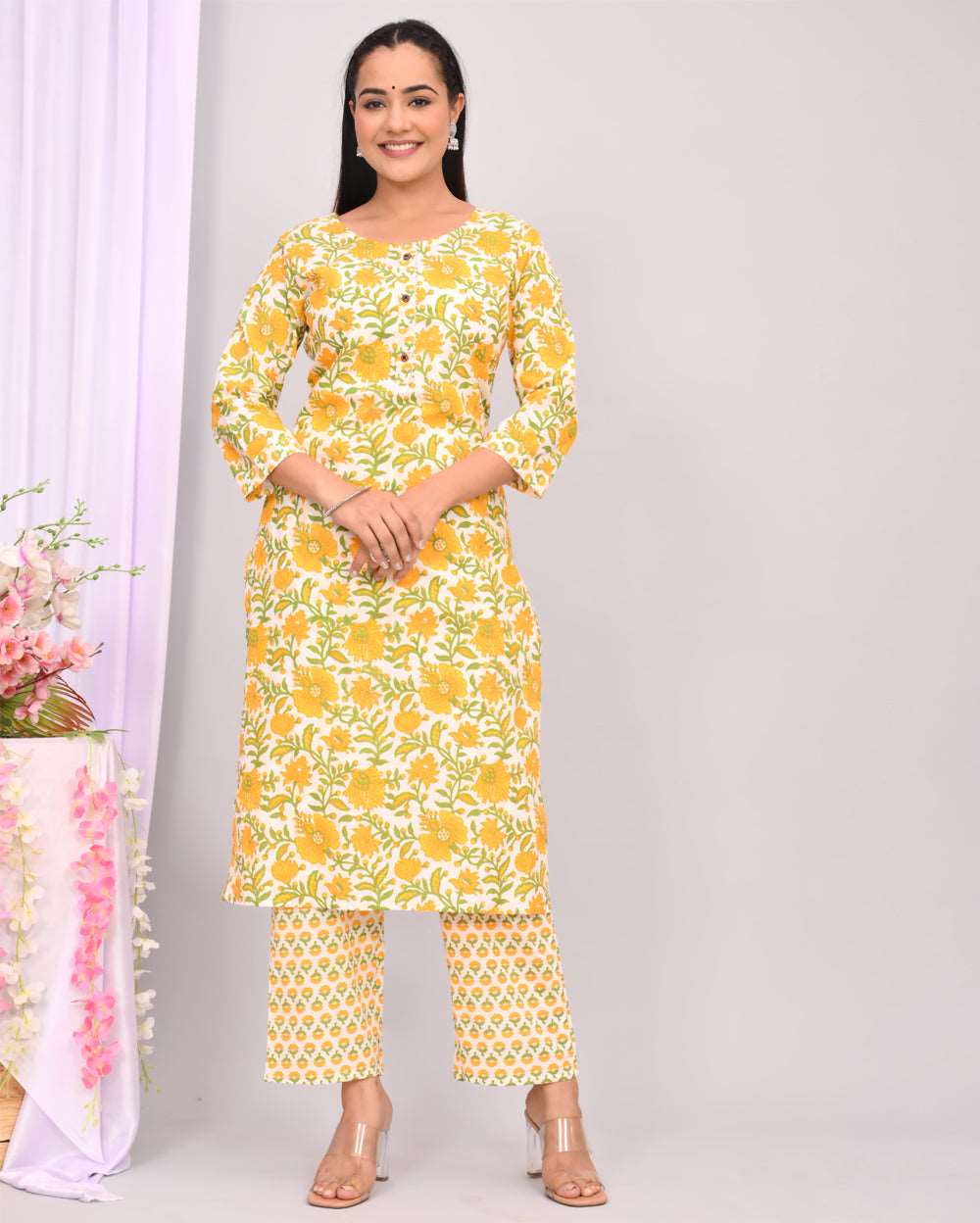 Yellow Floral Hand block Printed Cotton Kurti Pant Set