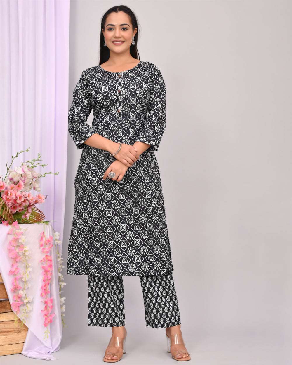 Black Hand block Printed Cotton Kurti Pant Set