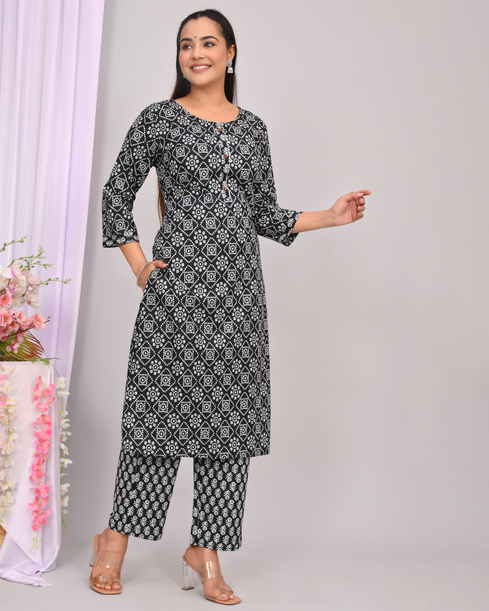 Black Hand block Printed Cotton Kurti Pant Set