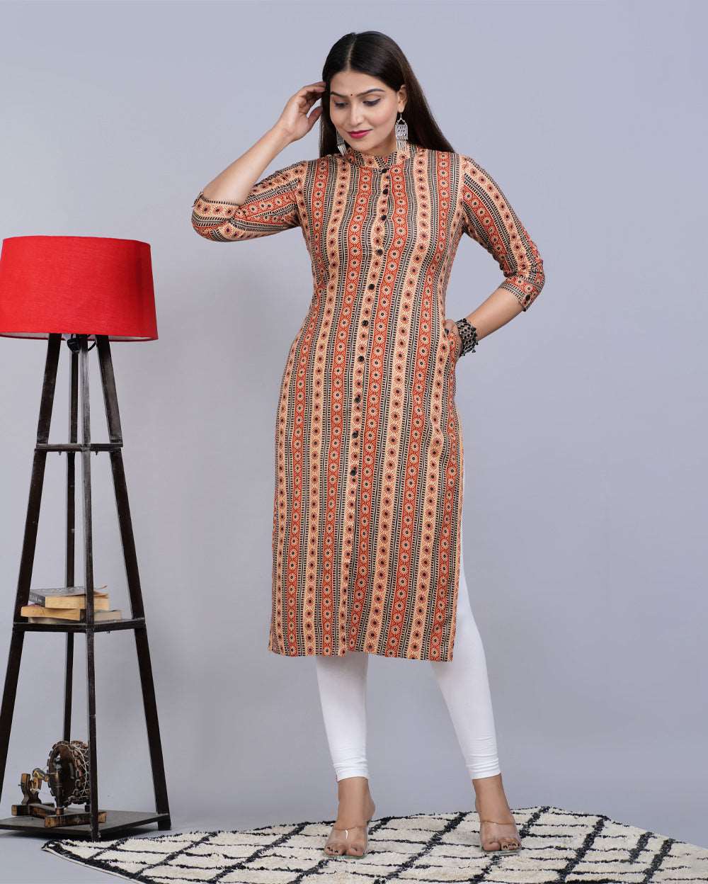 Brown Mandala Block Printed Knee Length Cotton Kurti