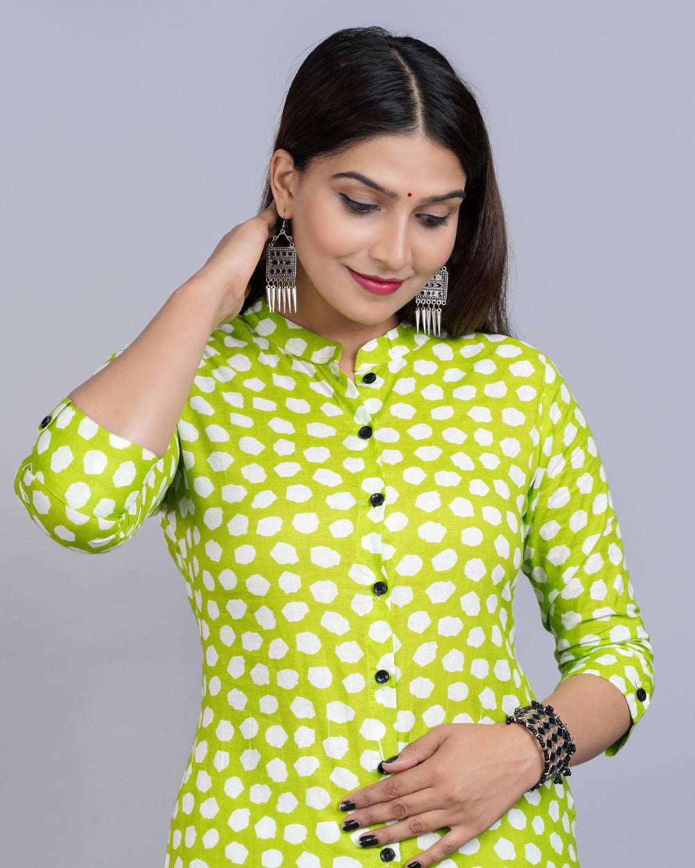 Lawn Green Block Printed Knee Length Cotton Kurti