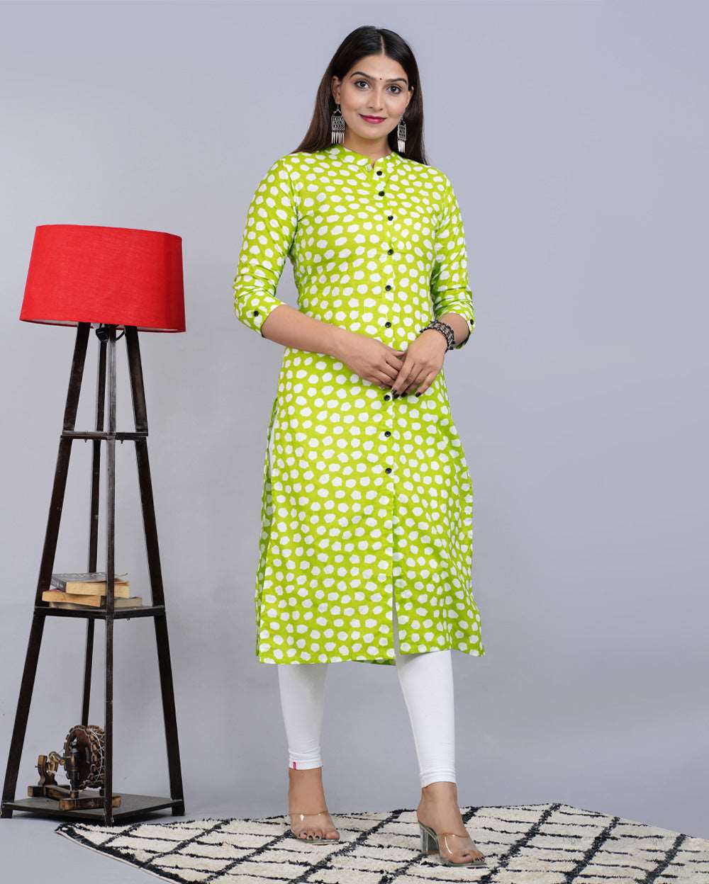 Lawn Green Block Printed Knee Length Cotton Kurti