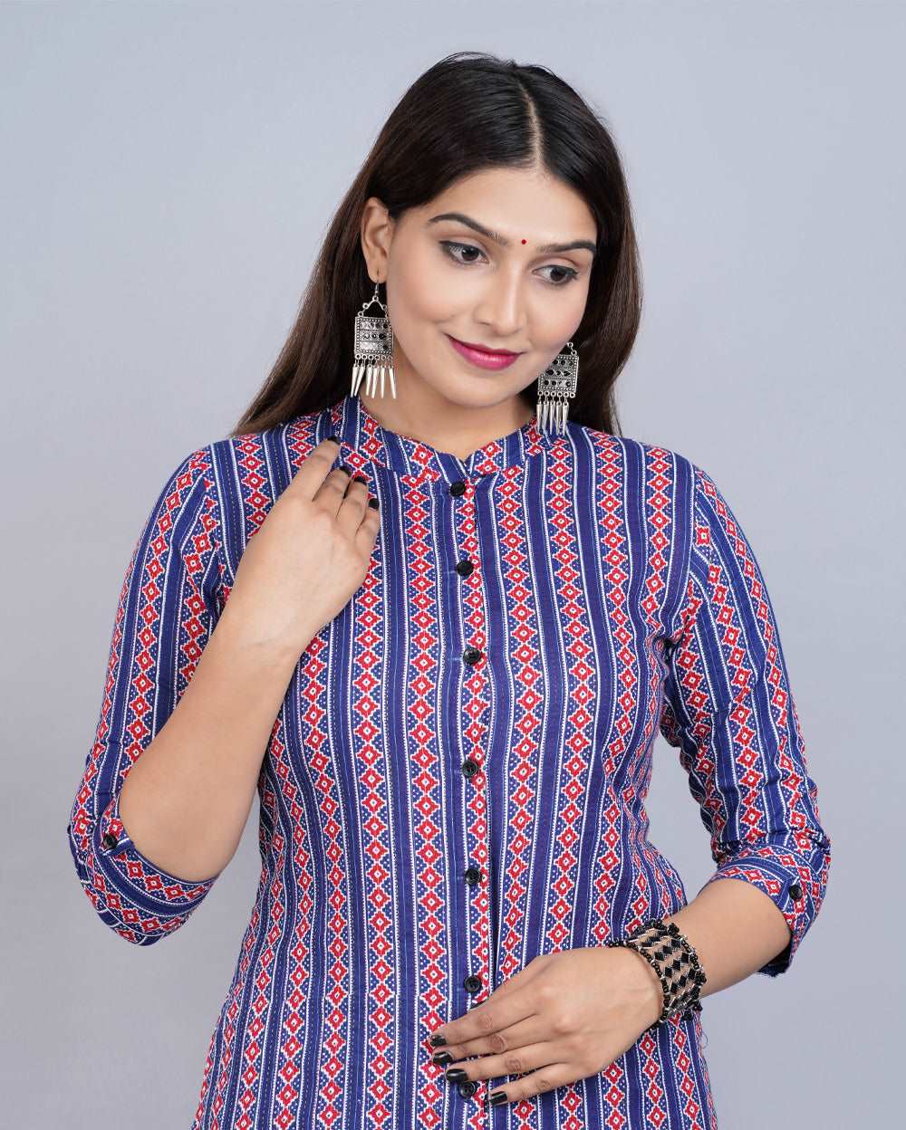 Red Blue Abstract Block Printed Knee Length Cotton Kurti
