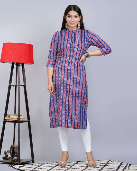 Red Blue Abstract Block Printed Knee Length Cotton Kurti