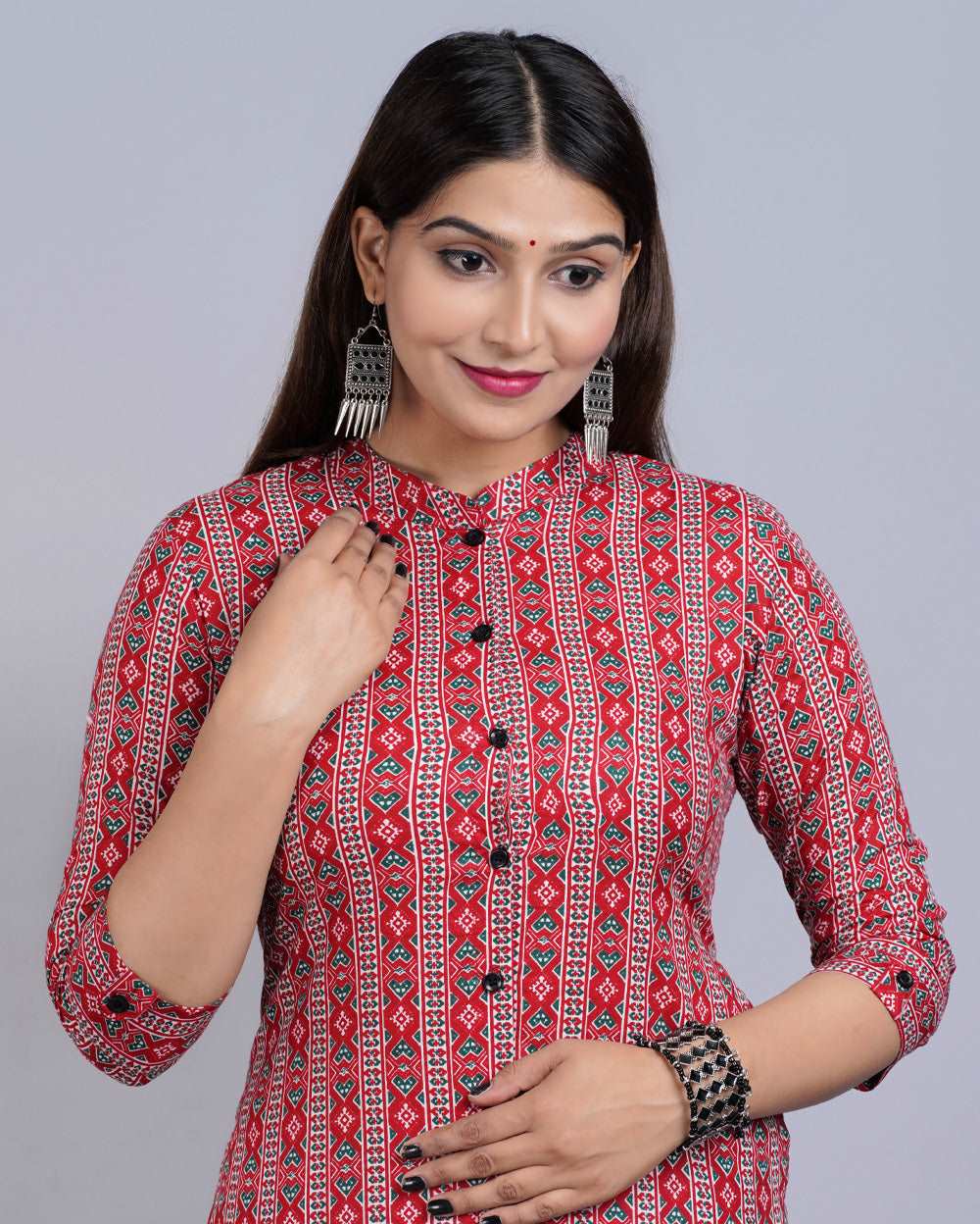 Red Abstract Block Printed Knee Length Cotton Kurti