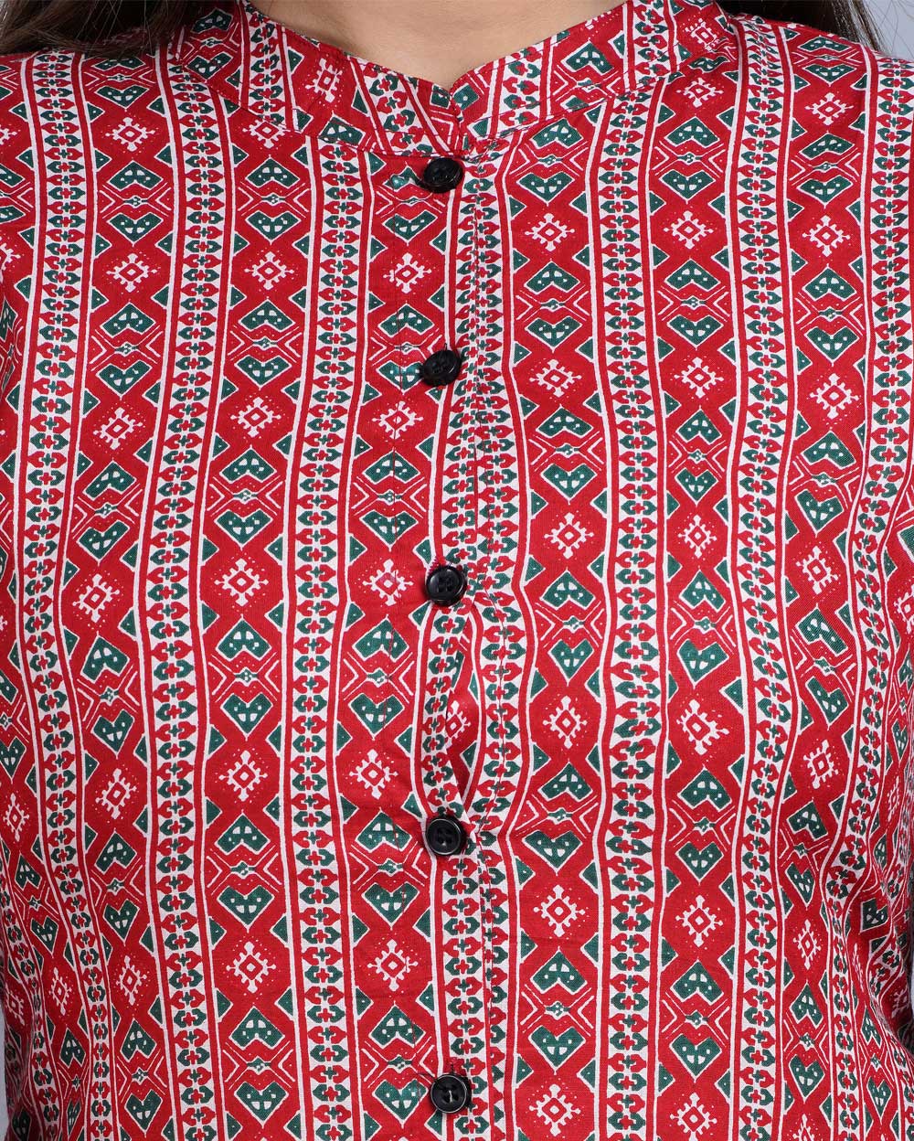 Red Abstract Block Printed Knee Length Cotton Kurti