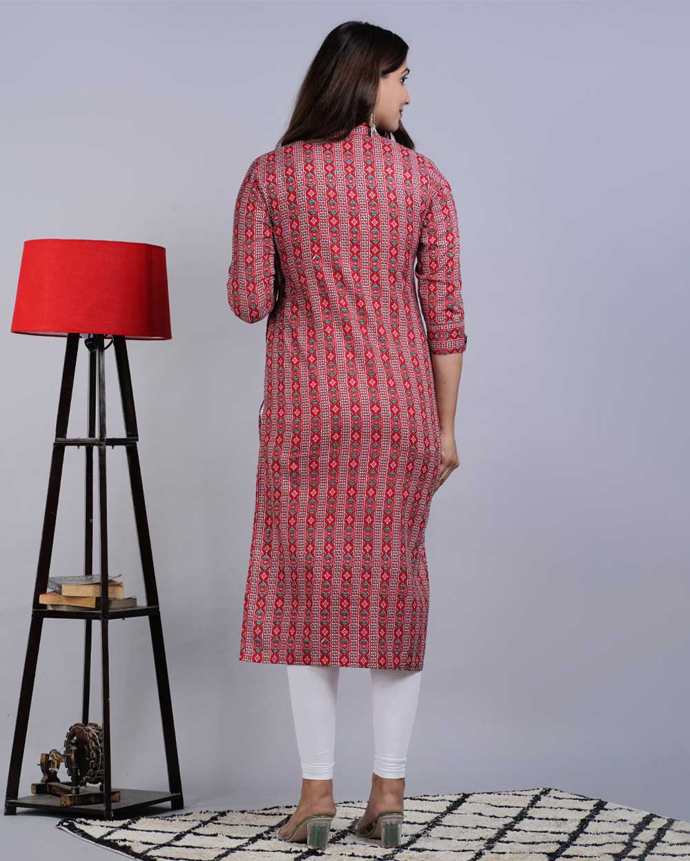 Red Abstract Block Printed Knee Length Cotton Kurti