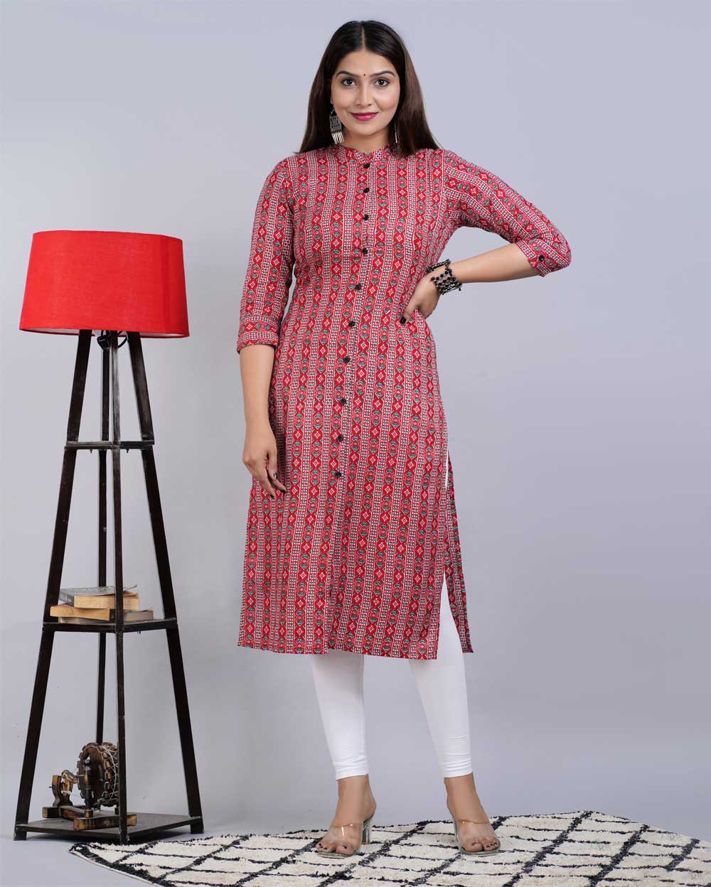 Red Abstract Block Printed Knee Length Cotton Kurti