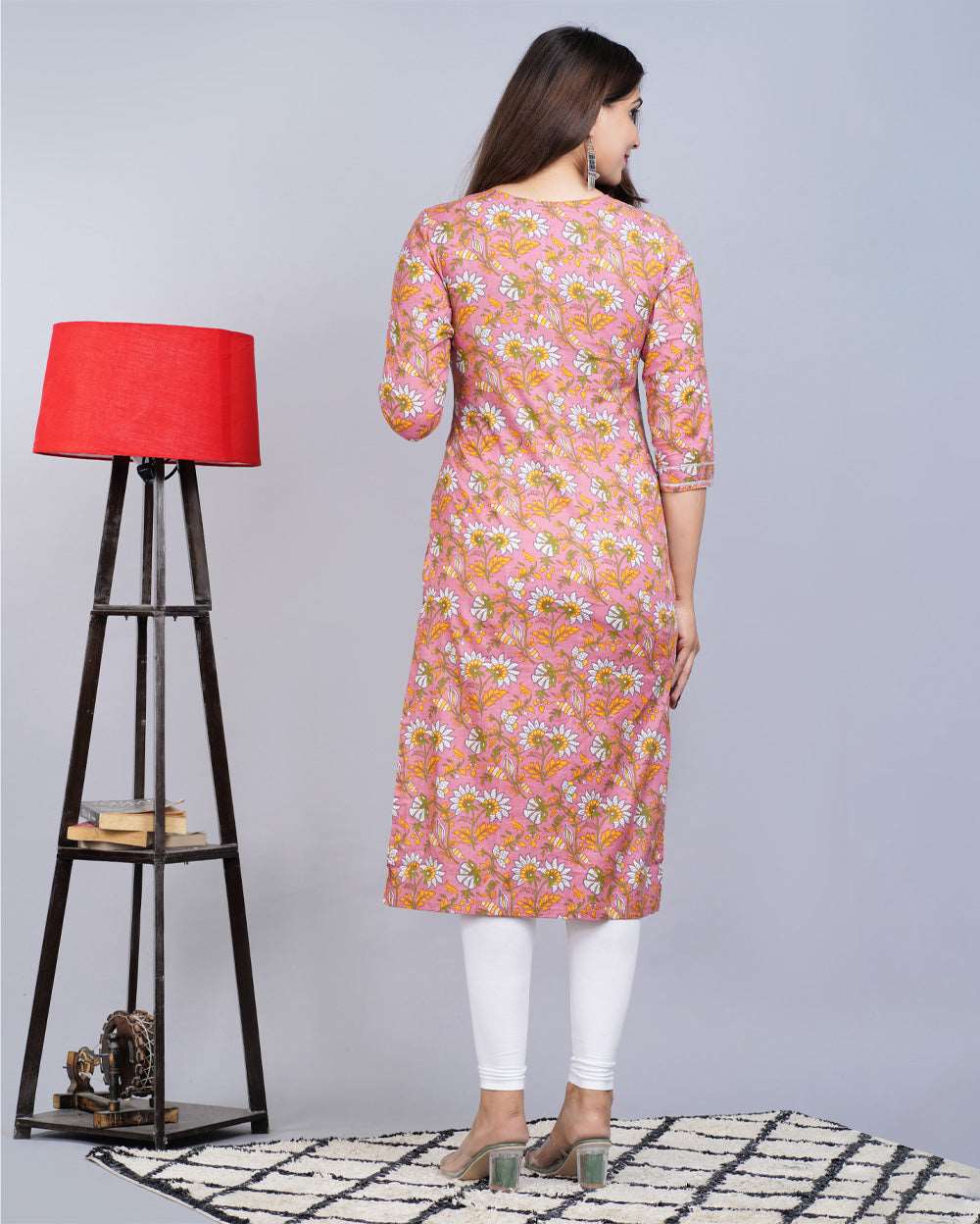 Floral Block Printed Knee Length Cotton Kurti With Gota Work On Neck