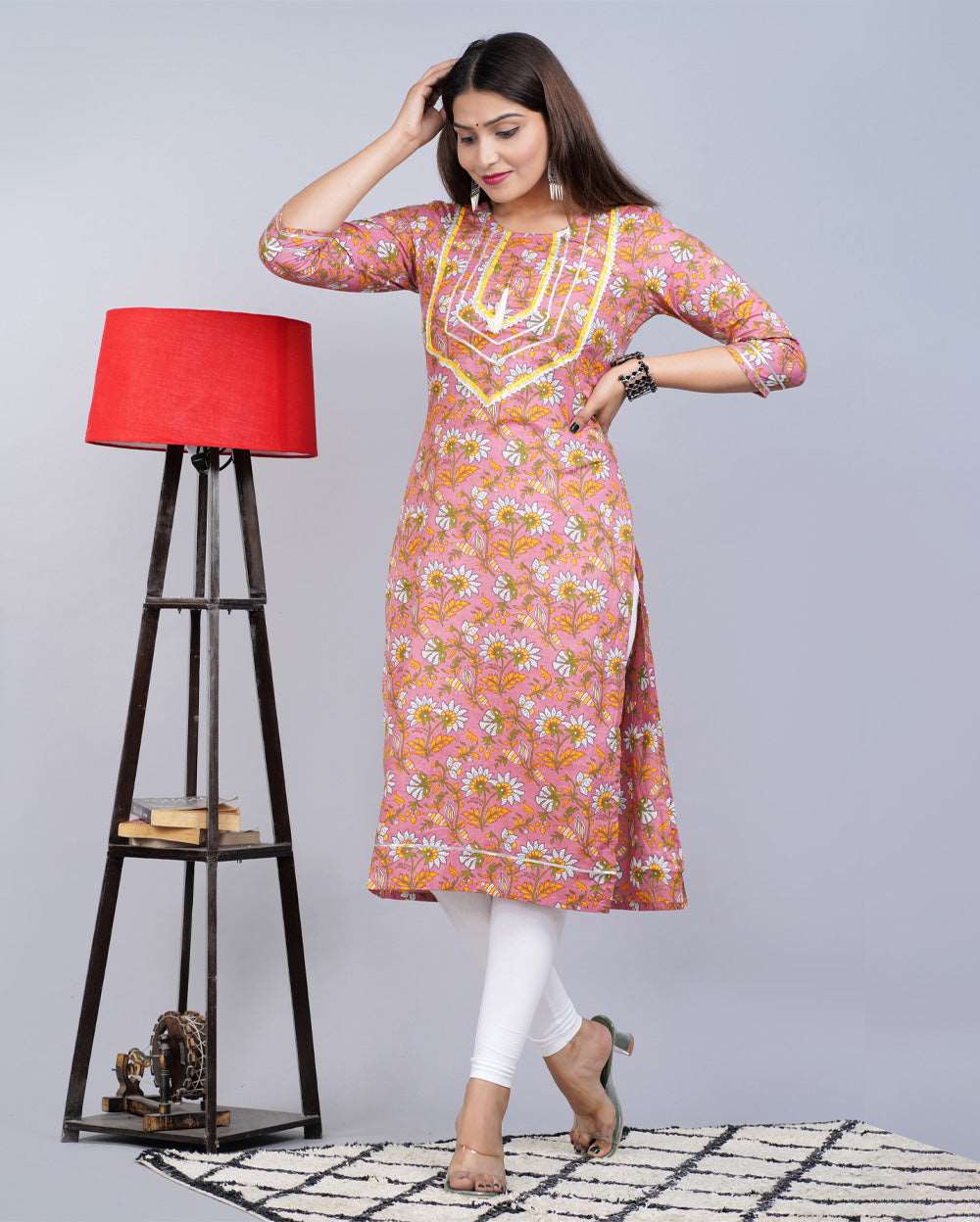 Floral Block Printed Knee Length Cotton Kurti With Gota Work On Neck