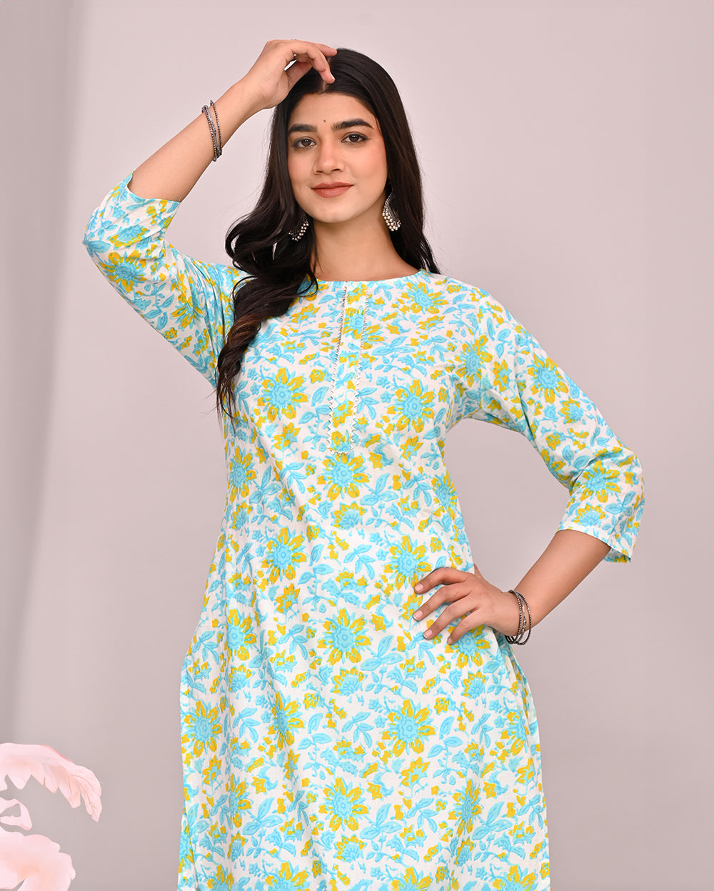 White With Sky blue Floral Block Printed Knee Length Cotton Kurti