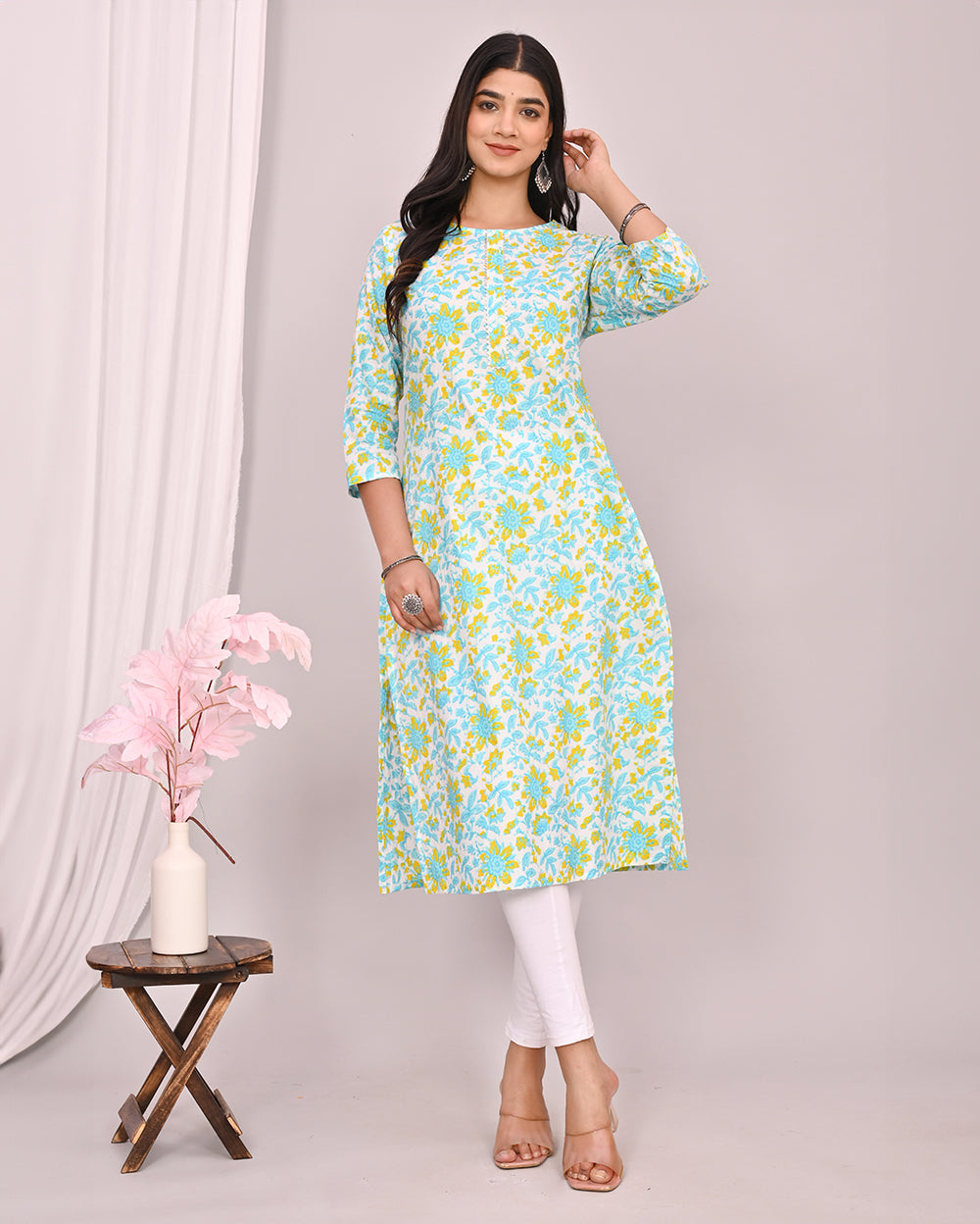 White With Sky blue Floral Block Printed Knee Length Cotton Kurti