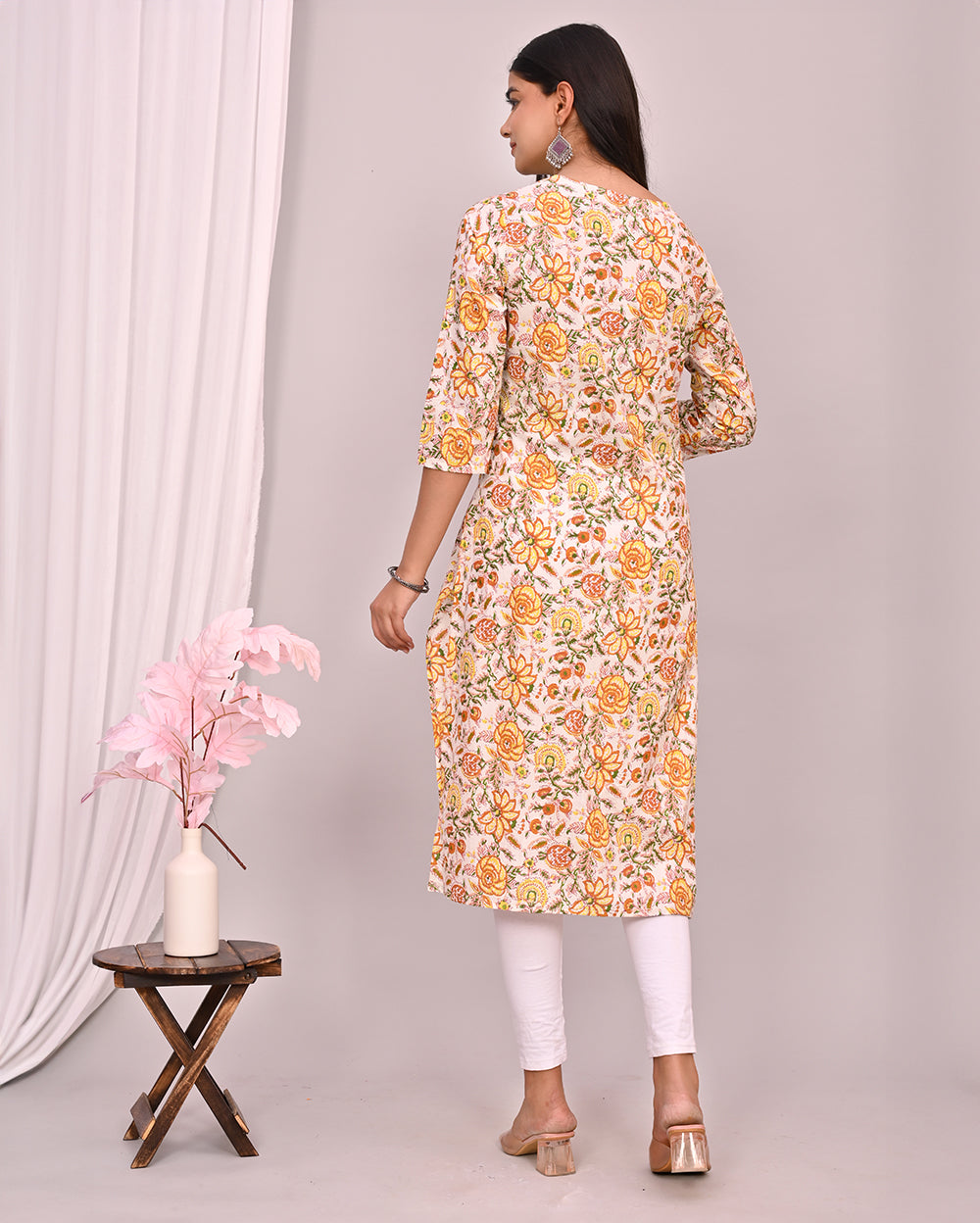 White Floral Print Kurti - Mustard Fashion