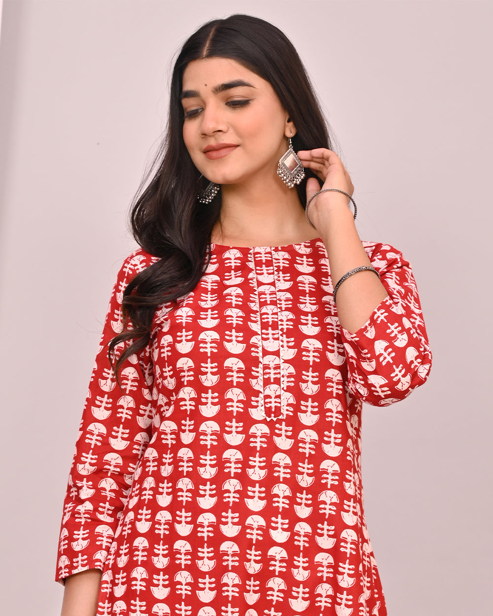 Red Buti Block Printed Knee Length Cotton Kurti