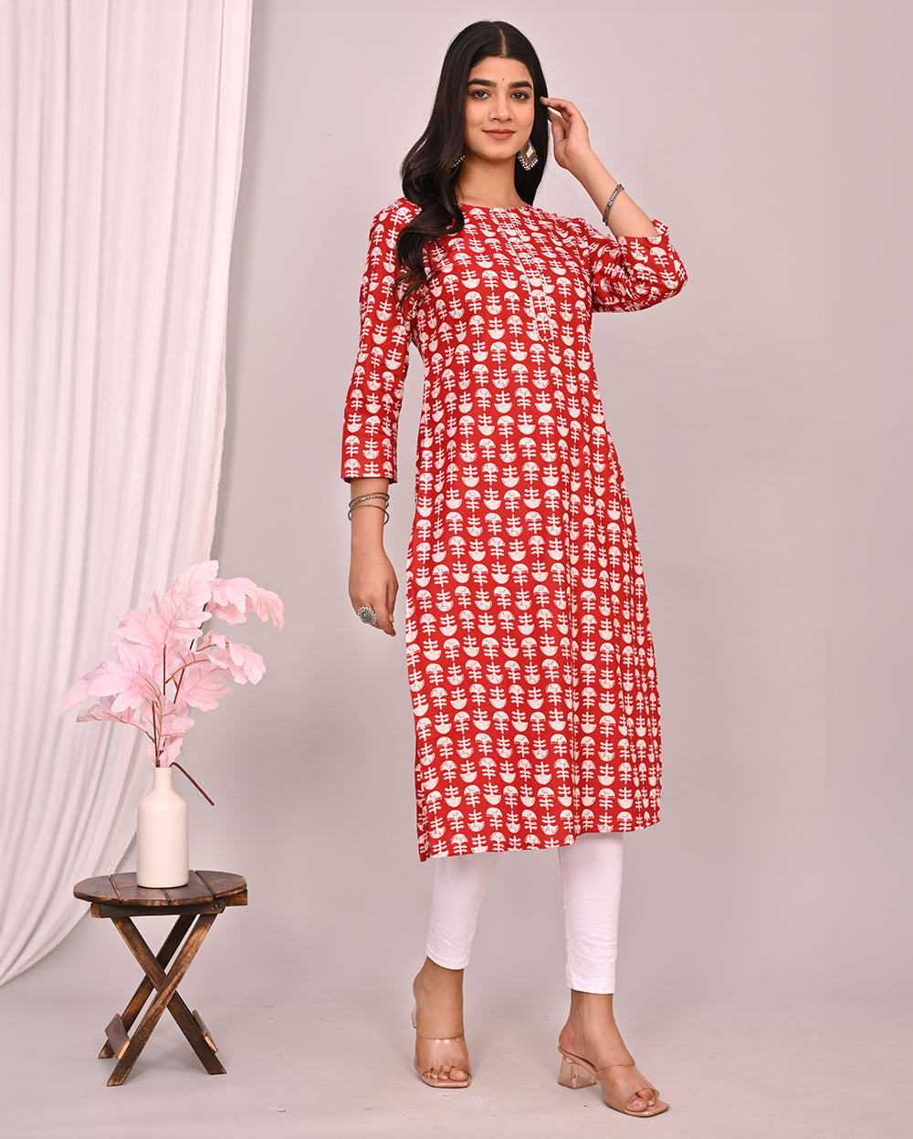 Red Buti Block Printed Knee Length Cotton Kurti