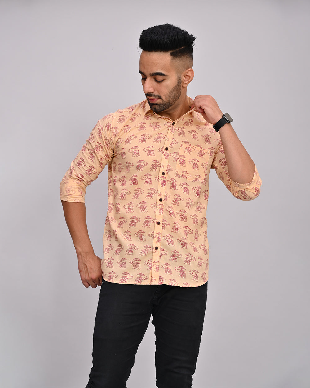 Brown Elephant Printed Cotton Men's Shirt