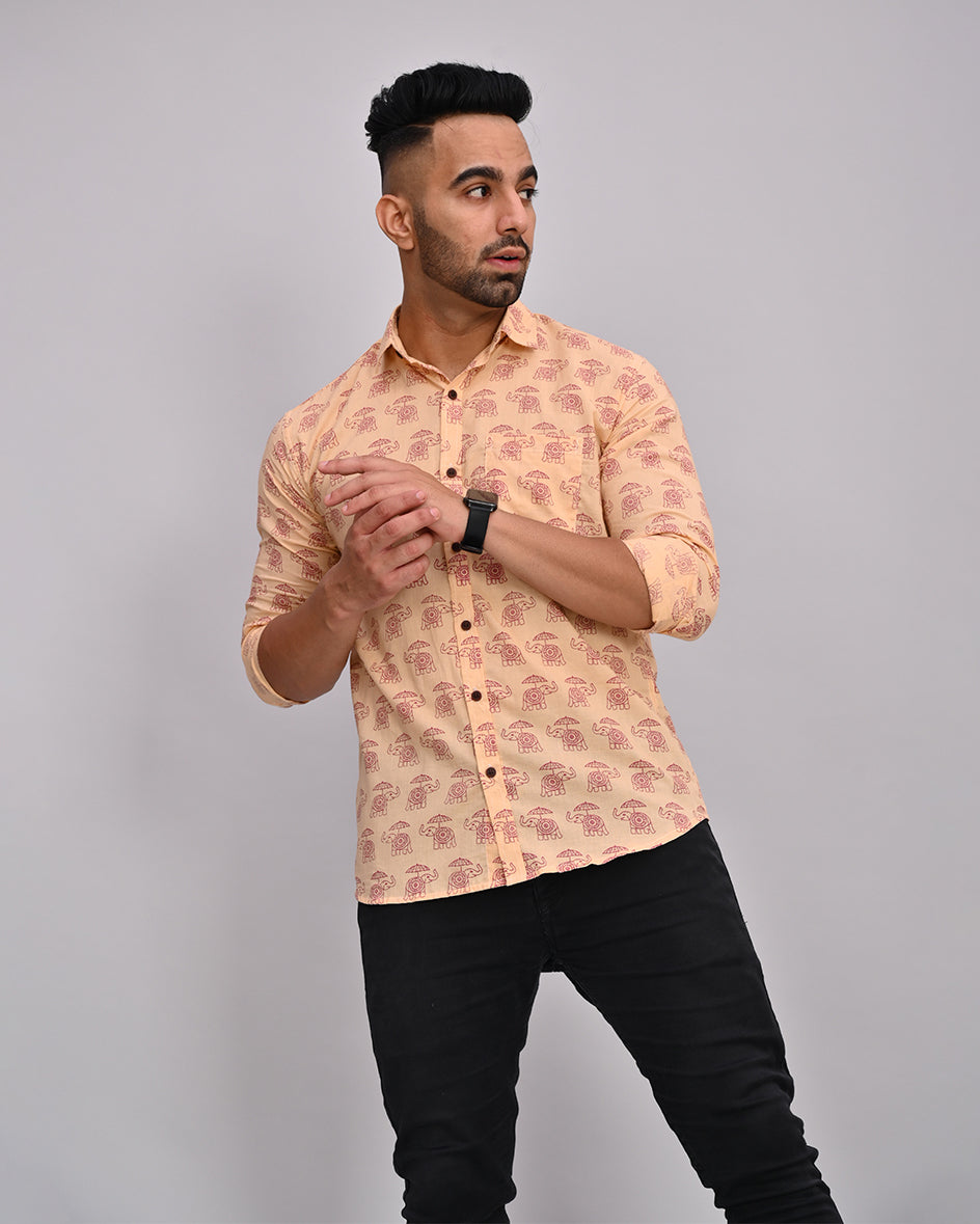 Brown Elephant Printed Cotton Men's Shirt