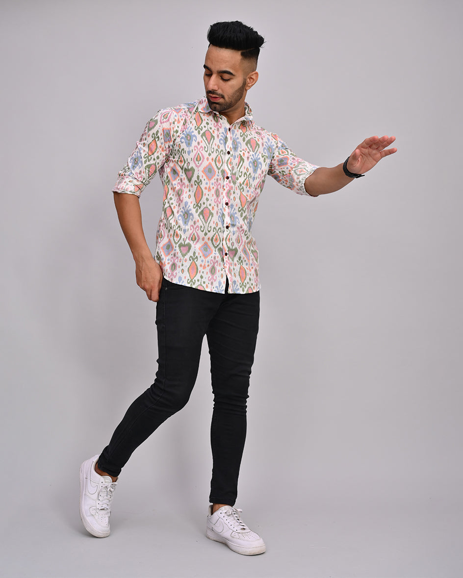 White Abstract Printed Cotton Men's Shirt