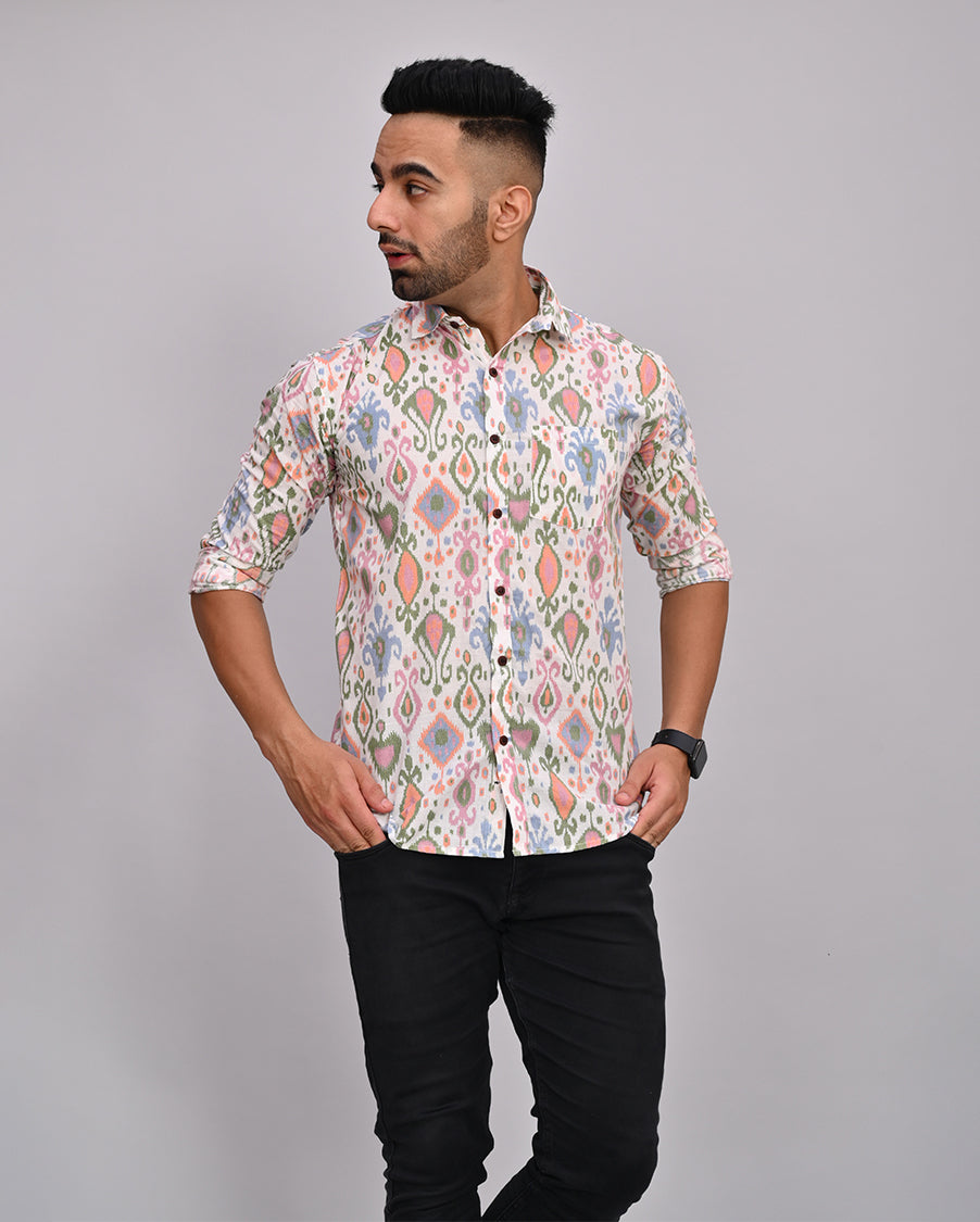 White Abstract Printed Cotton Men's Shirt