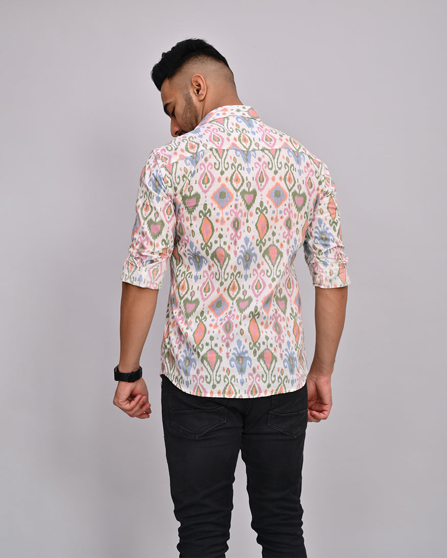 White Abstract Printed Cotton Men's Shirt