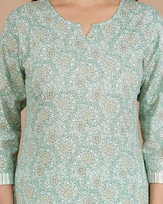 Pistachio Floral Hand block Printed Cotton Top