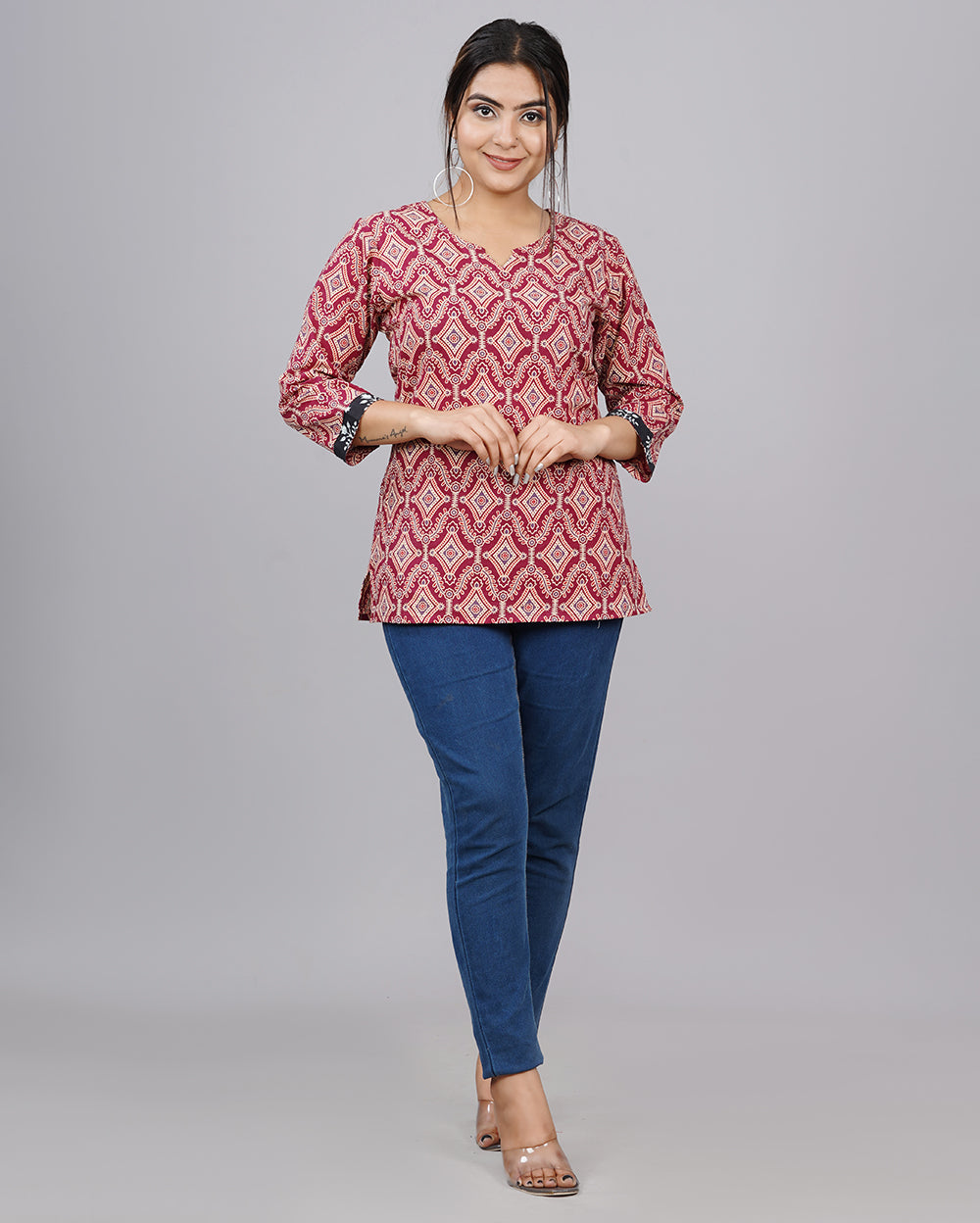 Red Monochrome Hand block Printed Cotton Top