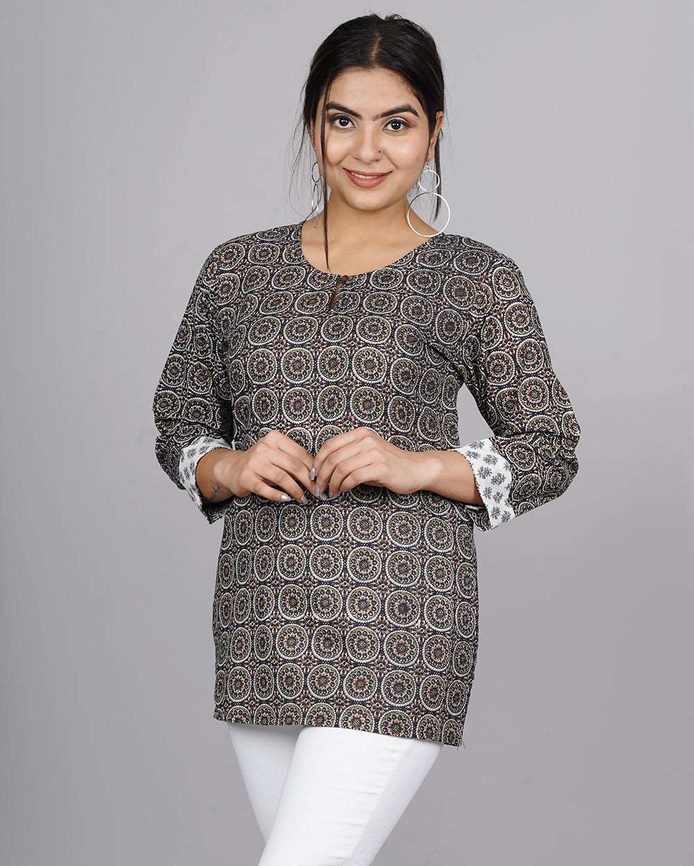 Gray Monochrome Hand block Printed Cotton Top