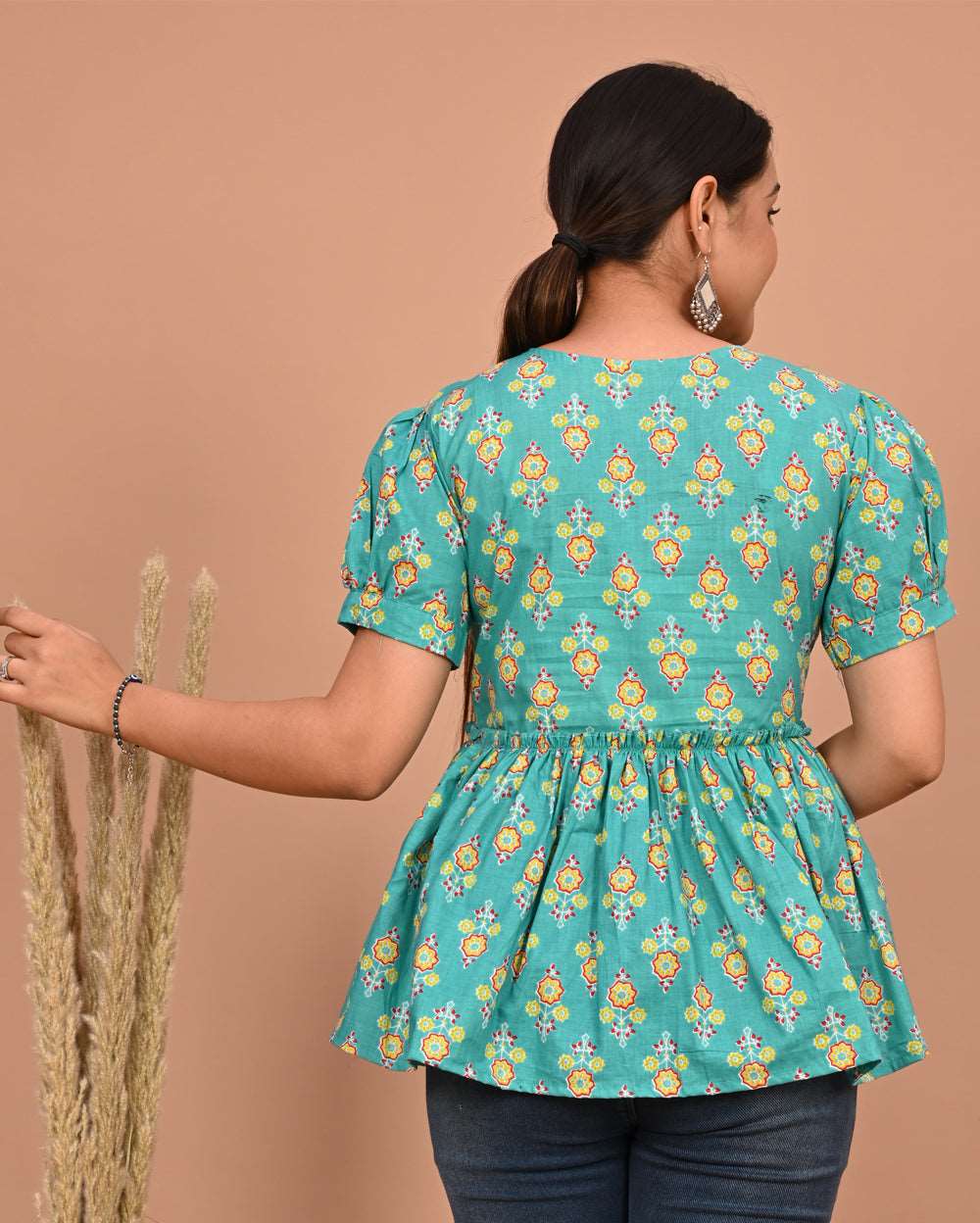 Turquoise Buti Block Printed Frill Style Short Kurti