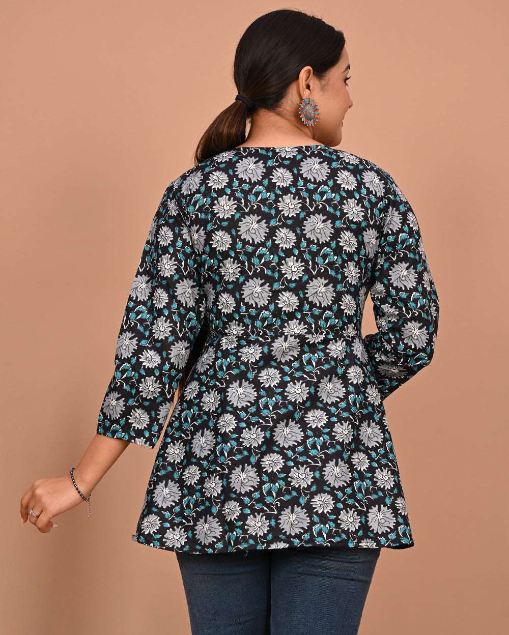 Black Turquoise Grey Floral Block Printed Angrakha Style Short Kurti
