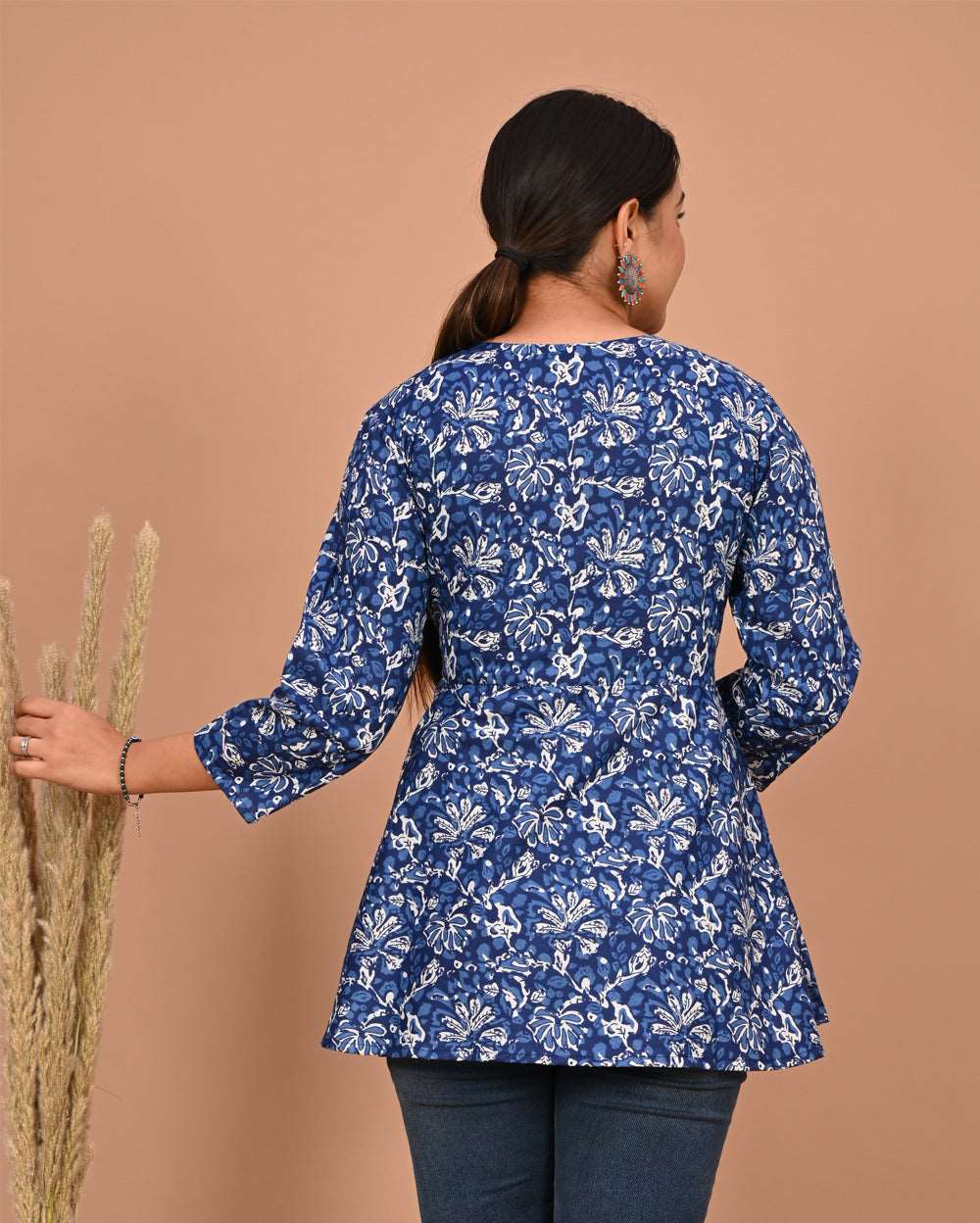 Indigo Blue Floral Block Printed Angrakha Style Short Kurti