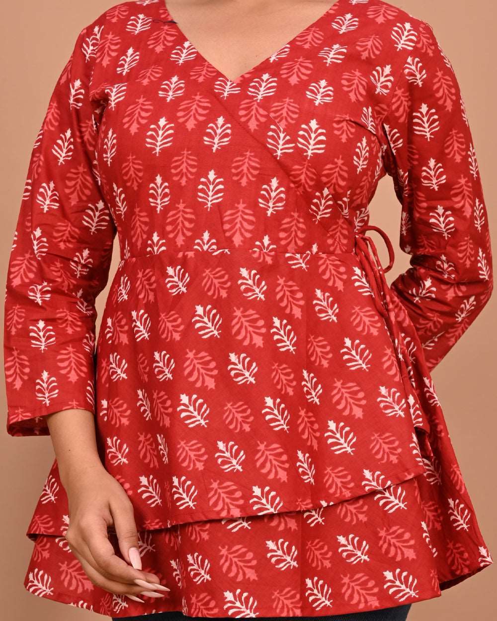 Red Buti Block Printed Angrakha Style Short Kurti