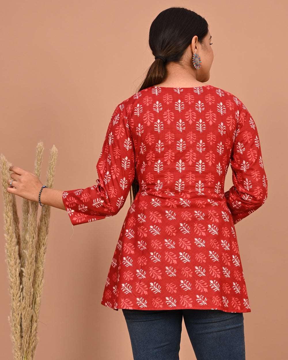 Red Buti Block Printed Angrakha Style Short Kurti