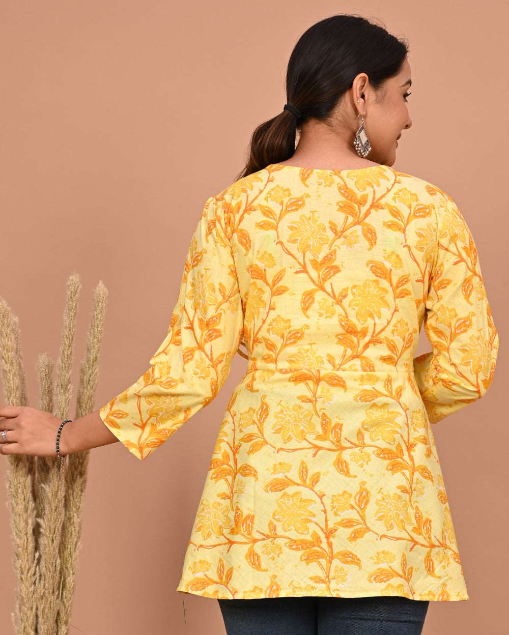 Yellow Mustard Floral Block Printed Angrakha Style Short Kurti