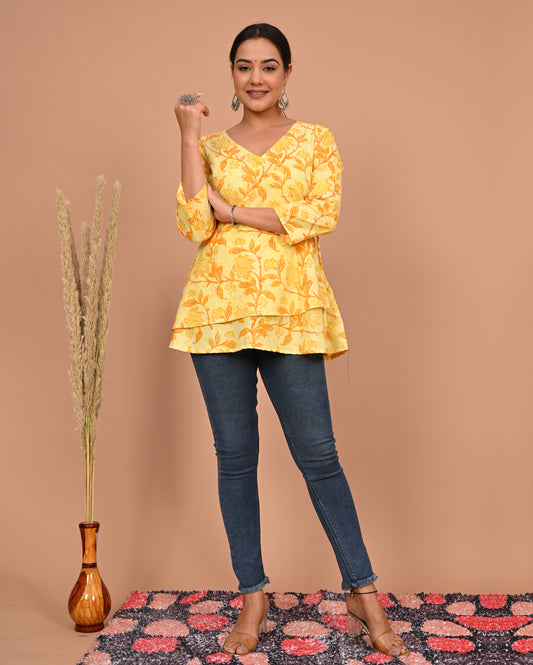 Yellow Mustard Floral Block Printed Angrakha Style Short Kurti