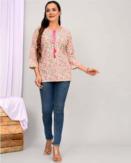 Pink Jaal Floral Block Printed Short Kurti/Top