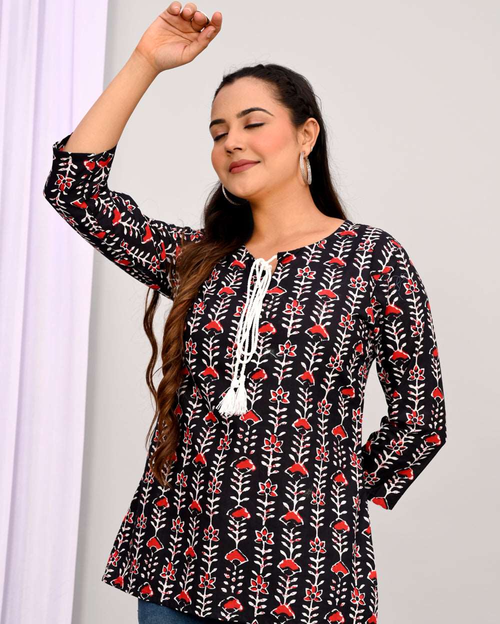 Black Bel Block Printed Short Kurti/Top