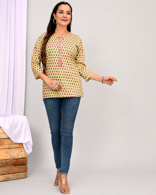 Pink Buti Block Printed Short Kurti/Top