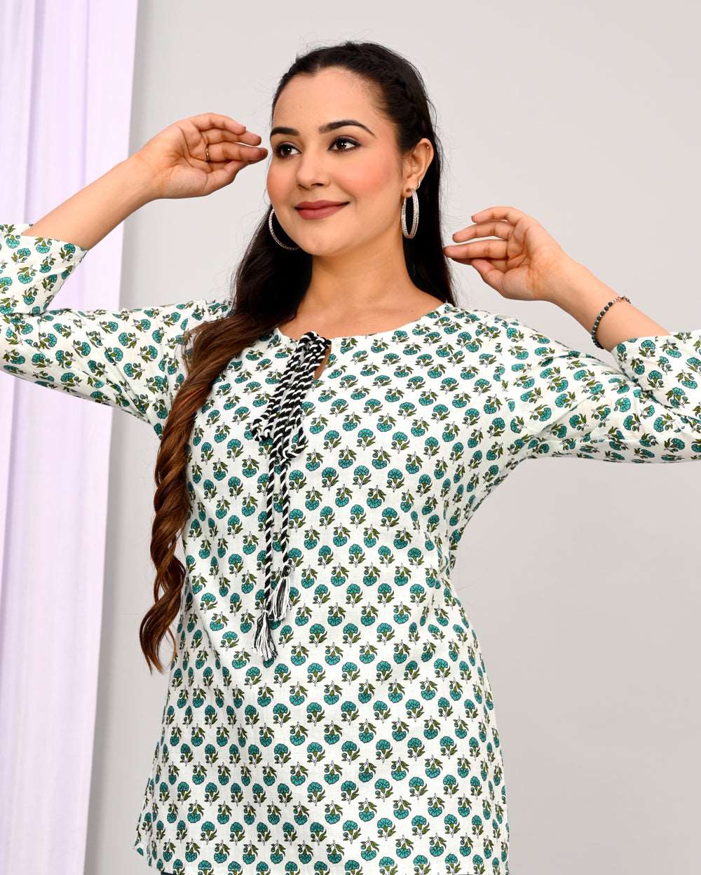 White Teal Blue Buti Block Printed Short Kurti/Top