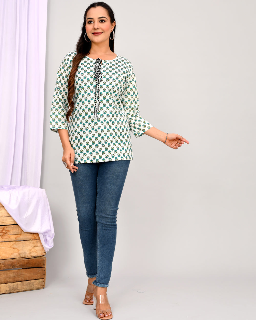 White Teal Blue Buti Block Printed Short Kurti/Top